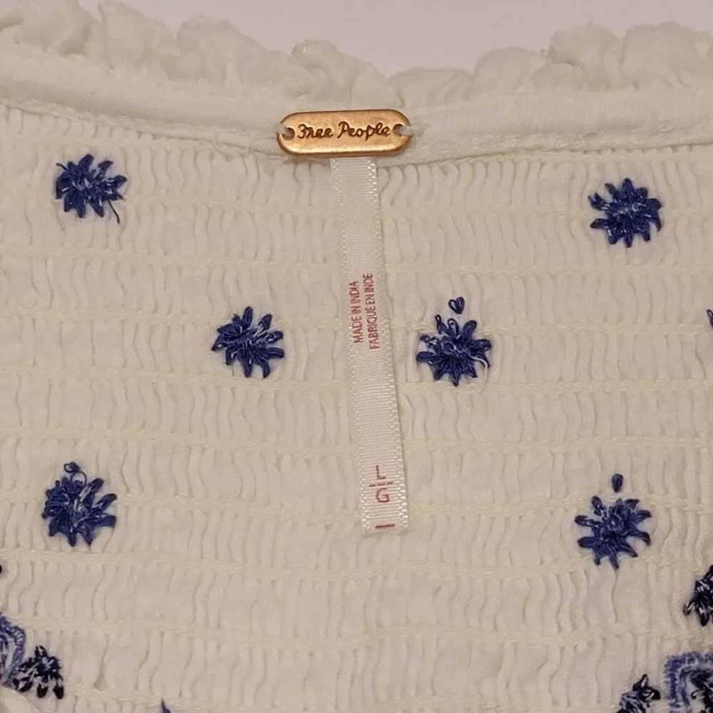 Free People Holly Embroidered Smocked White/Blue Women's Size L Boho Peasant Top